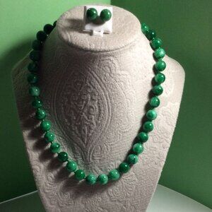Natural 10mm Green Jade Round Gemstone Necklace Stud Earrings Set 18'' SG-0101